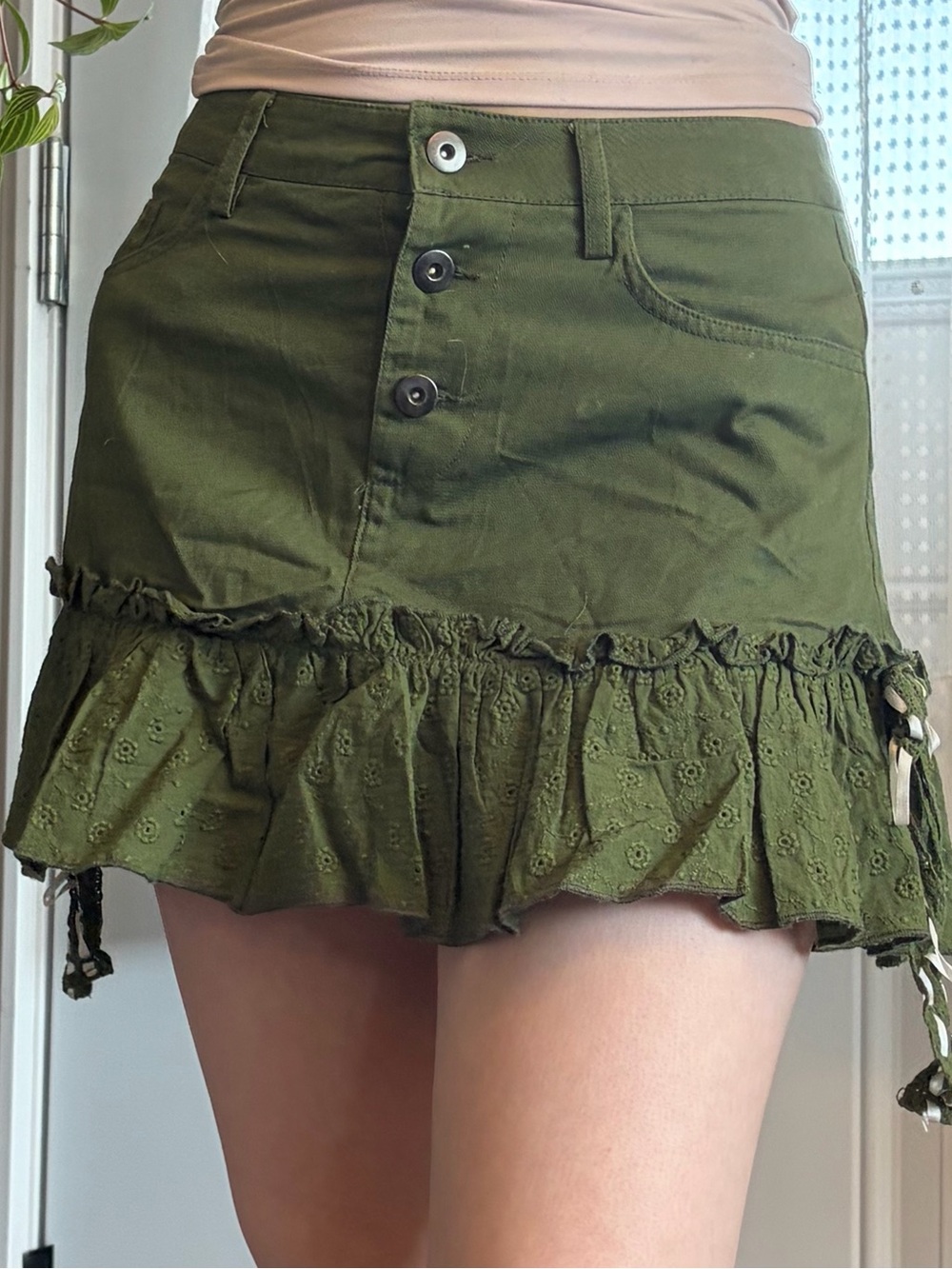 Olive Green Ruffle Mini Skirt